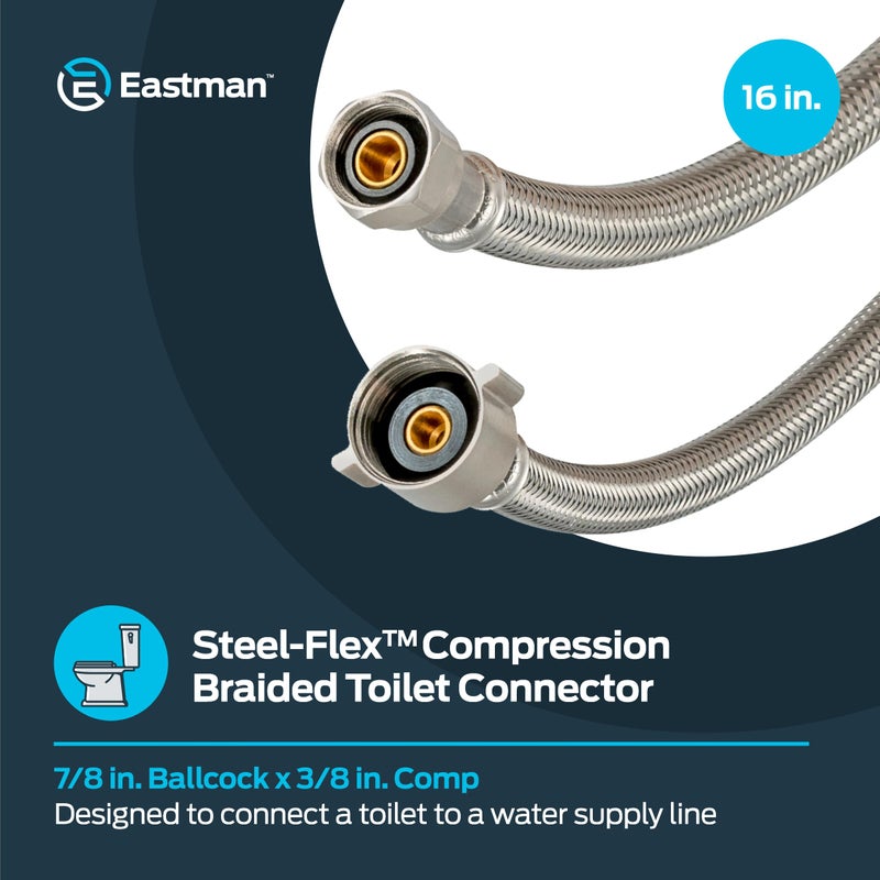 Eastman 16 Inch Steel-Flex Toilet Connector, Braided Stainless Steel Supply Line with 7/8 in Ballcock x 3/8 in Compression Ends, 48089 - Image 2