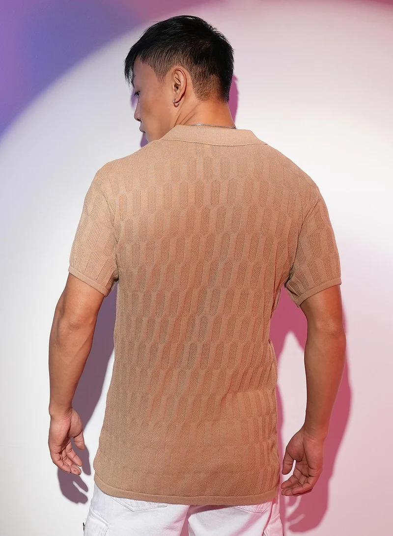 Campus Sutra Men's Tan Brown Honeycomb-Textured Polo T-Shirt