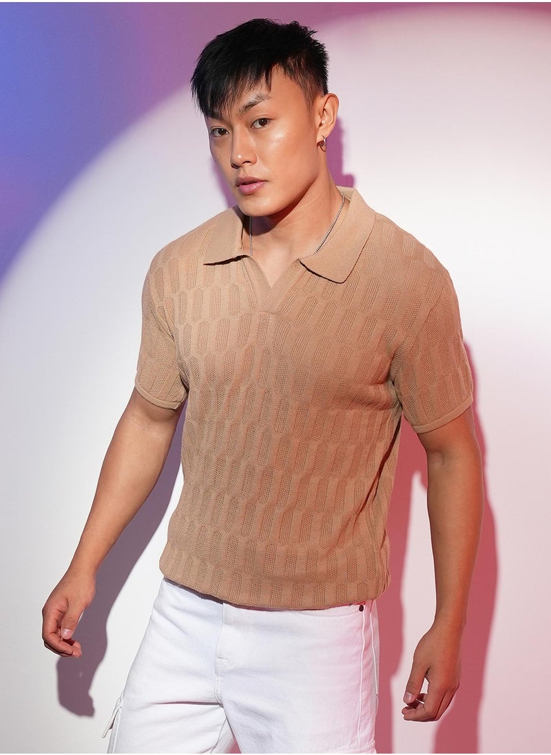 Men's Tan Brown Honeycomb-Textured Polo T-Shirt - pzsku/Z4DC4873C1A8448EA7989Z/45/_/1741611245/b6a031af-5923-4908-948c-75161fbdd9b2