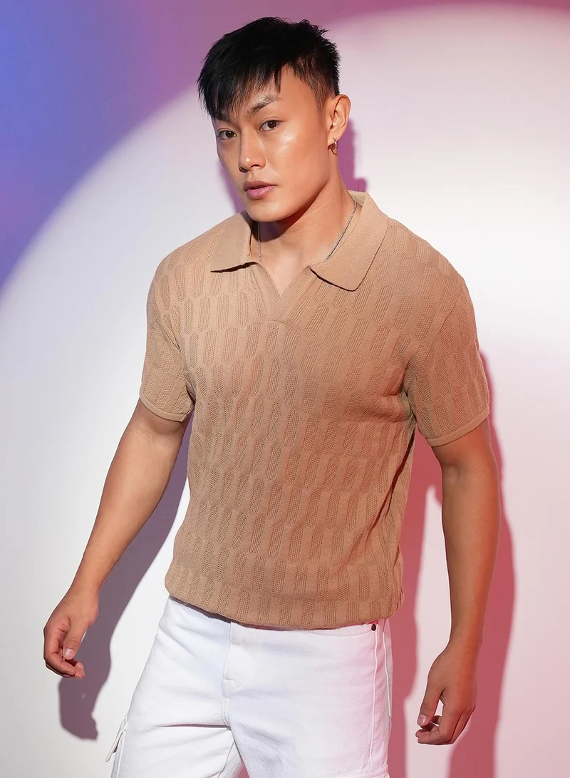 Campus Sutra Men's Tan Brown Honeycomb-Textured Polo T-Shirt