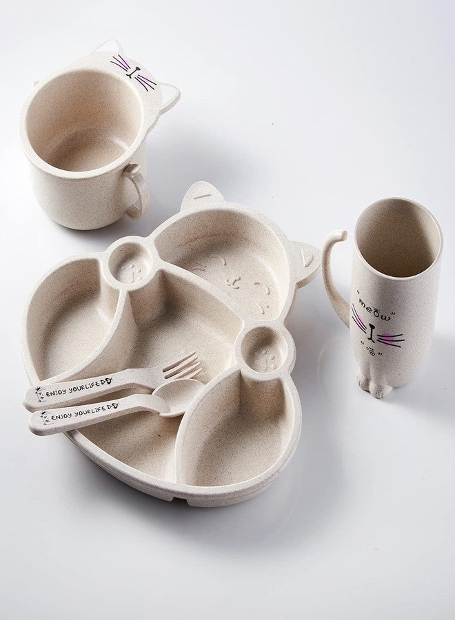 MEZON Wheat Straw Divided Dinner Tray, Unbreakable Dinner Set for Kids Dinner Plates with Bowl Cup Fork Spoon Chopsticks Tableware Set Baby Dinning Set (Beige) - Image 1
