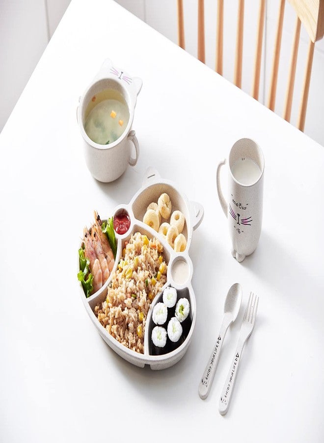 MEZON Wheat Straw Divided Dinner Tray, Unbreakable Dinner Set for Kids Dinner Plates with Bowl Cup Fork Spoon Chopsticks Tableware Set Baby Dinning Set (Beige) - Image 4