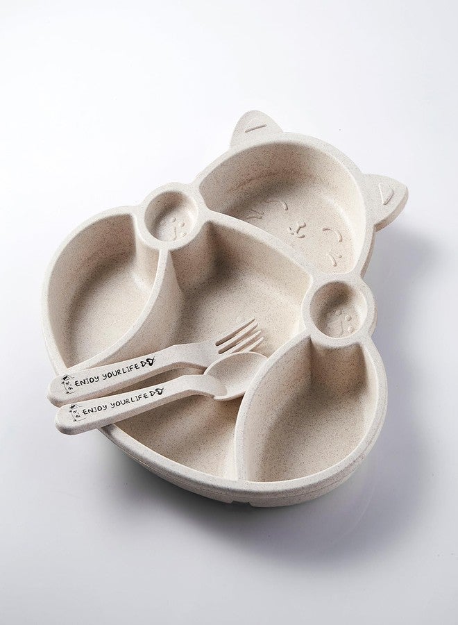 MEZON Wheat Straw Divided Dinner Tray, Unbreakable Dinner Set for Kids Dinner Plates with Bowl Cup Fork Spoon Chopsticks Tableware Set Baby Dinning Set (Beige) - Image 2