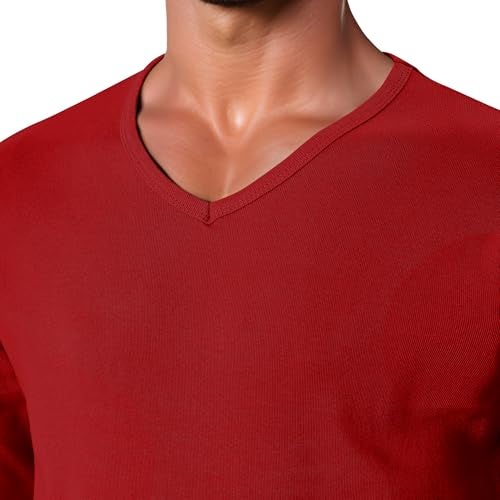 GIVON Men’s Slim Fit V-Neck Long Sleeve T-Shirt – 100% Cotton Ribbed Knit – Midweight Base Layer or Standalone Top / DCP053-RED-XXL - Image 4