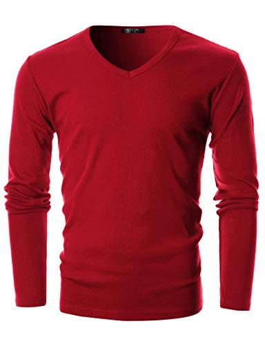 GIVON Men’s Slim Fit V-Neck Long Sleeve T-Shirt – 100% Cotton Ribbed Knit – Midweight Base Layer or Standalone Top / DCP053-RED-XXL - Image 2