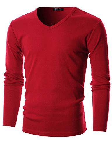 GIVON Men’s Slim Fit V-Neck Long Sleeve T-Shirt – 100% Cotton Ribbed Knit – Midweight Base Layer or Standalone Top / DCP053-RED-XXL - Image 1