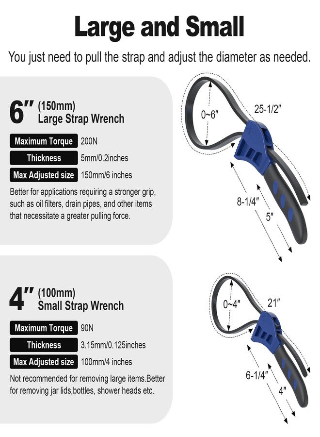 XDENGP Strap Wrench Set, 2pcs Adjustable Rubber Strap Wrench, Oil Filter Strap Wrench, Max Diameter 4" and 6" with Rubber Belt, Jar Opener for Weak Hands - Image 2