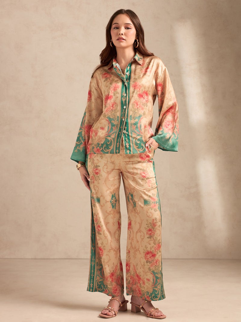 OUTZIDR Peach Relax Fit Printed Satin Shirt With Wide Leg Trousers Set - Image 1