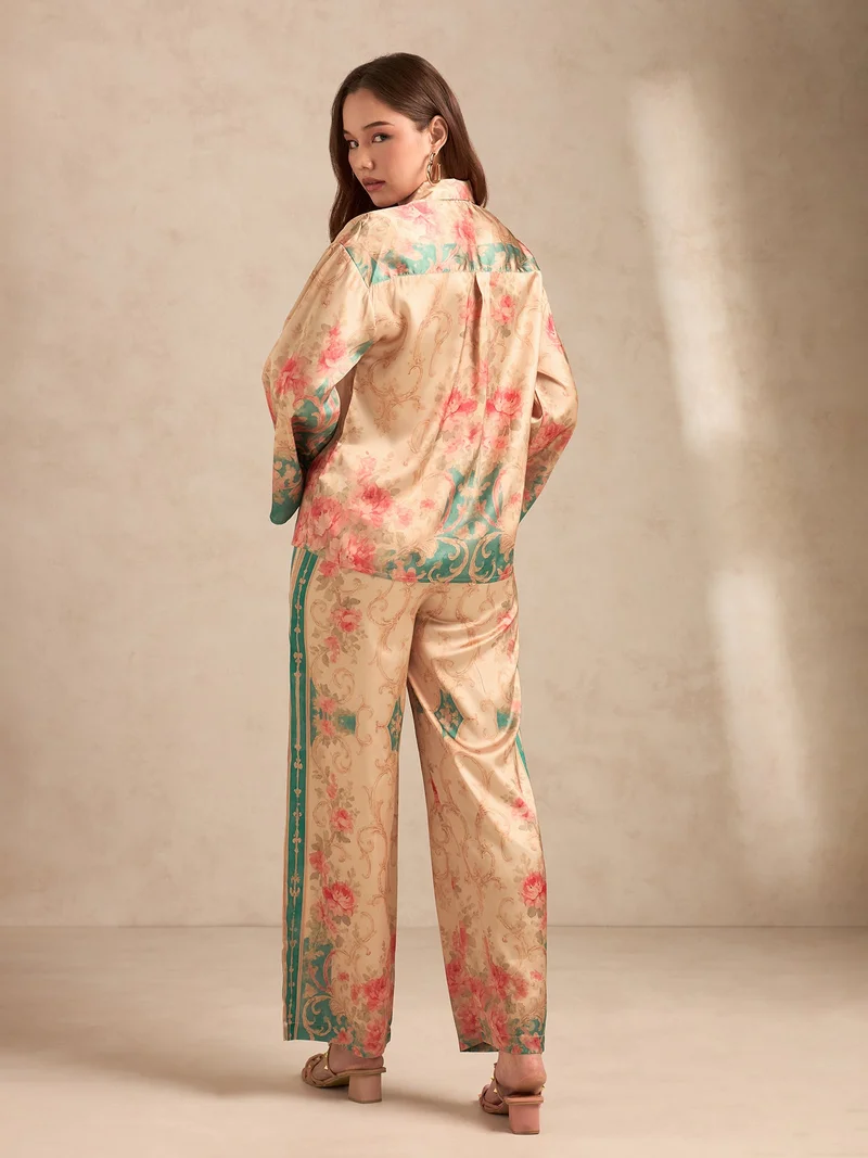 OUTZIDR  Peach Relax Fit Printed Satin Shirt With Wide Leg Trousers Set for Women | Best Price UAE