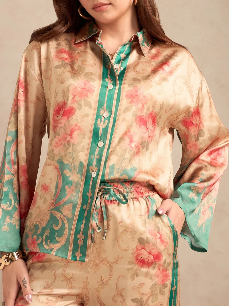 OUTZIDR  Peach Relax Fit Printed Satin Shirt With Wide Leg Trousers Set for Women | Best Price UAE
