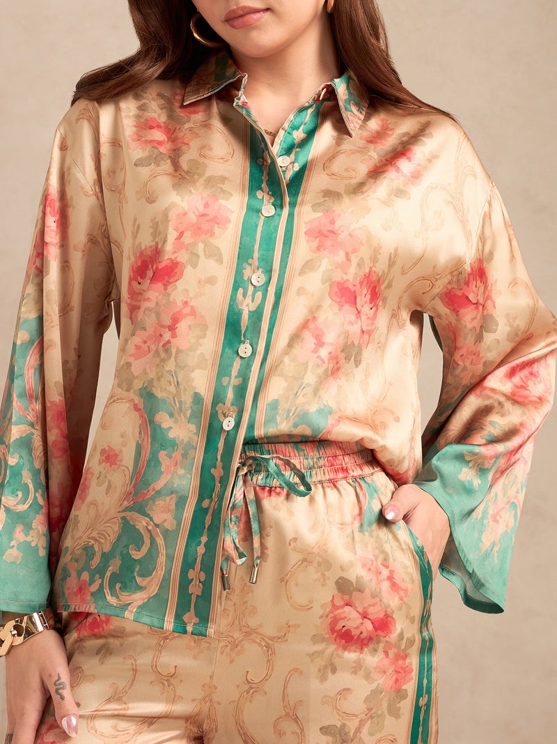 OUTZIDR Peach Relax Fit Printed Satin Shirt With Wide Leg Trousers Set - Image 3