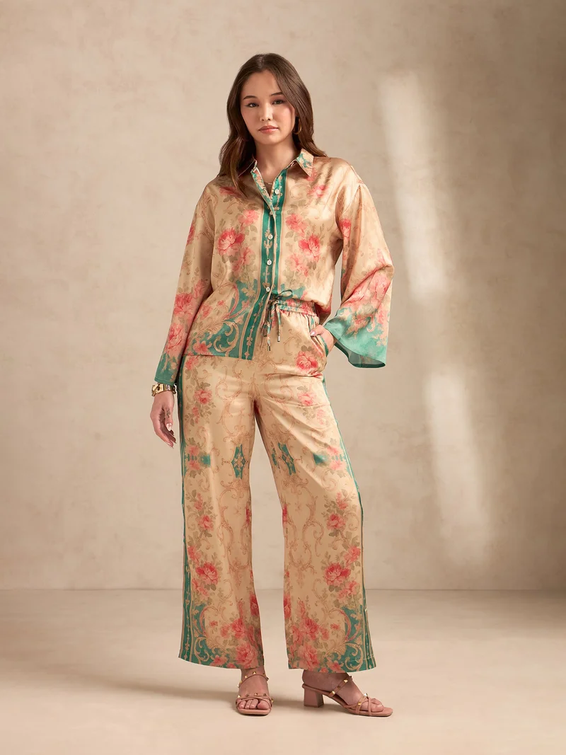 OUTZIDR  Peach Relax Fit Printed Satin Shirt With Wide Leg Trousers Set for Women | Best Price UAE
