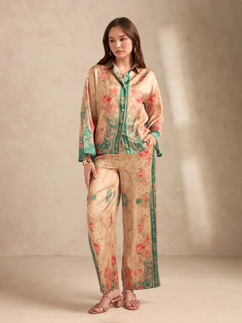 OUTZIDR  Peach Relax Fit Printed Satin Shirt With Wide Leg Trousers Set for Women | Best Price UAE