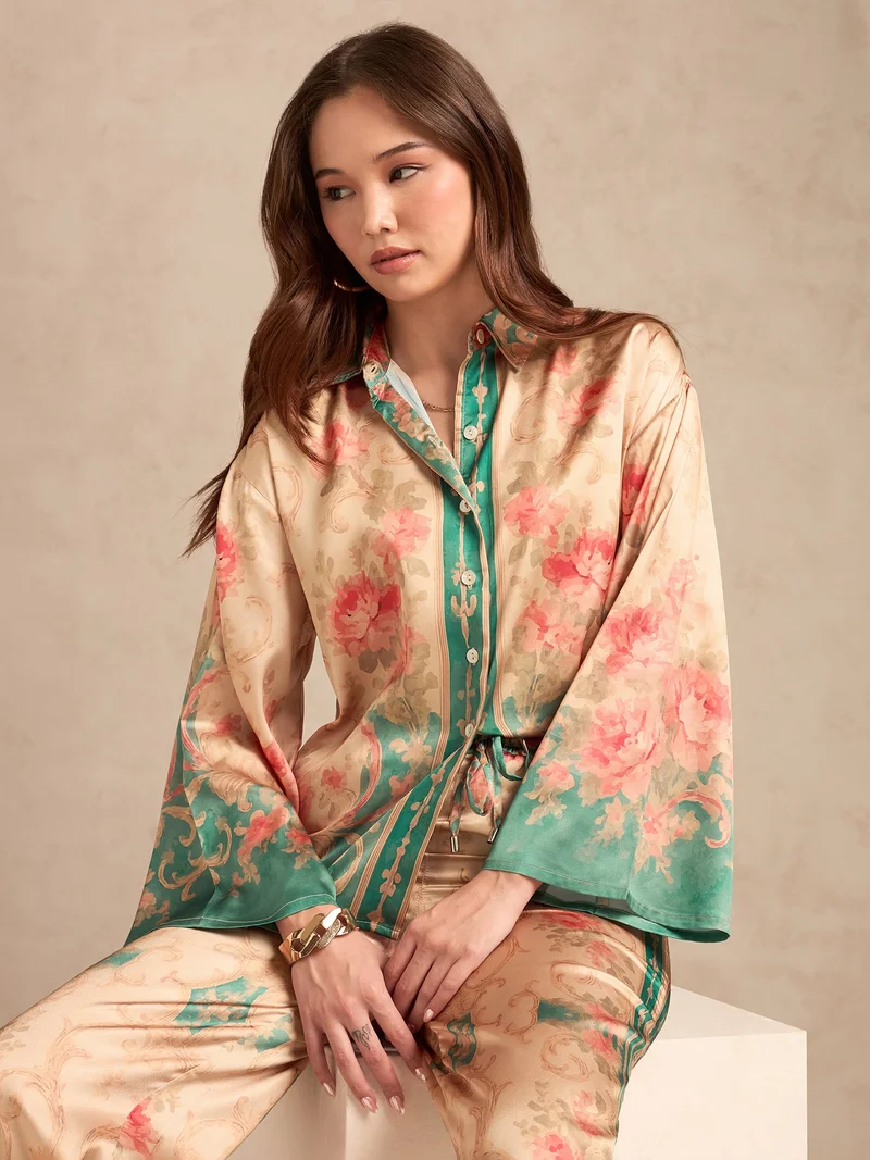 OUTZIDR  Peach Relax Fit Printed Satin Shirt With Wide Leg Trousers Set for Women | Best Price UAE