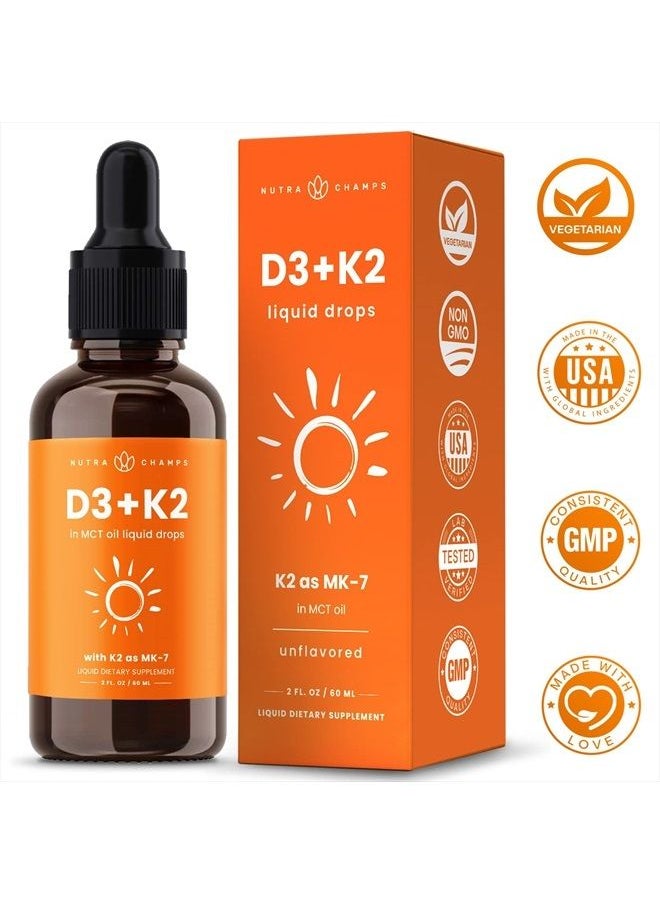 NutraChamps - Vitamin D3 K2 Drops | Liquid Vitamin D3 5000 IU & K2 D3 with MK7 | Vitamin D Drops for Kids | Bones, Heart & Immune Health | Liquid Vitamin D in MCT Oil for Better Absorption Than Capsules & Gummies - Image 1