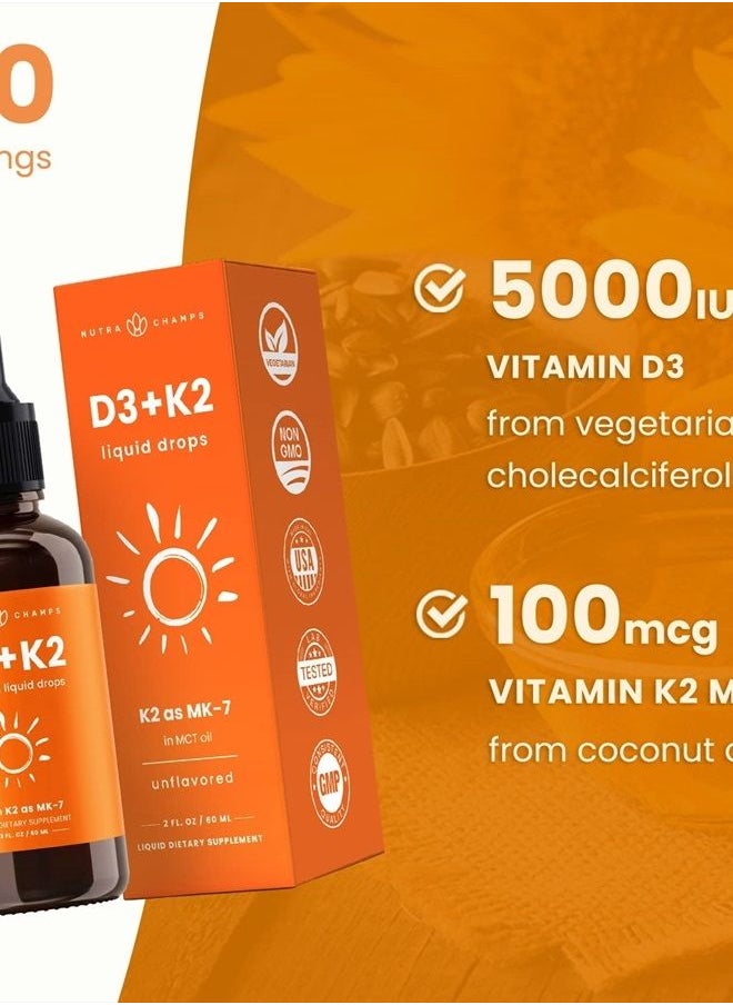 NutraChamps - Vitamin D3 K2 Drops | Liquid Vitamin D3 5000 IU & K2 D3 with MK7 | Vitamin D Drops for Kids | Bones, Heart & Immune Health | Liquid Vitamin D in MCT Oil for Better Absorption Than Capsules & Gummies - Image 1