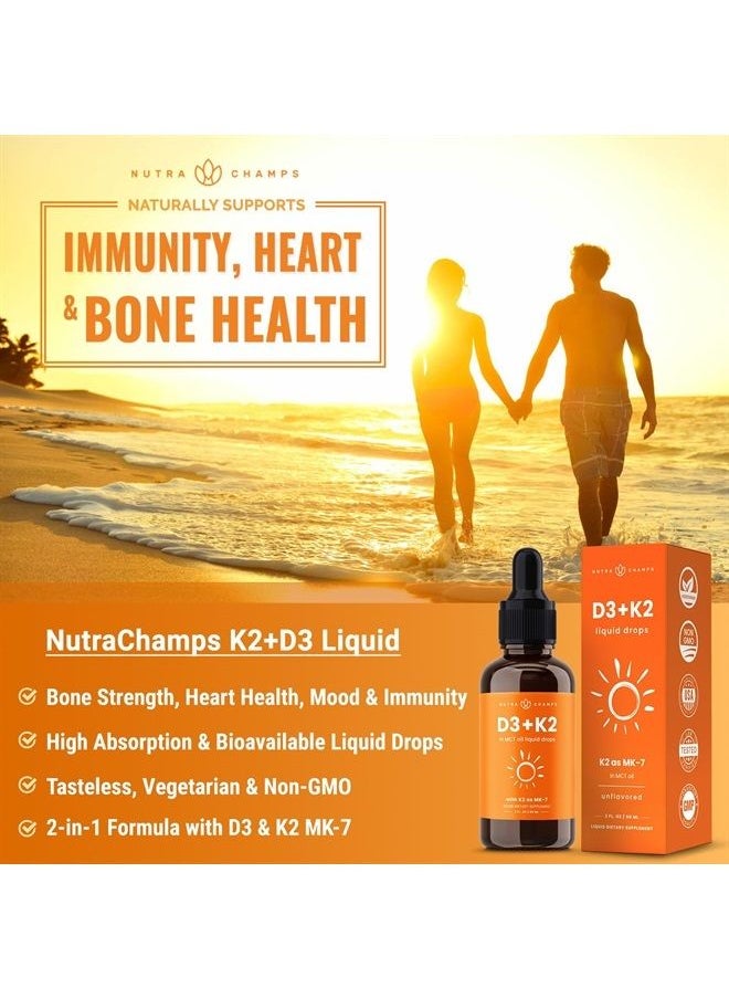 NutraChamps - Vitamin D3 K2 Drops | Liquid Vitamin D3 5000 IU & K2 D3 with MK7 | Vitamin D Drops for Kids | Bones, Heart & Immune Health | Liquid Vitamin D in MCT Oil for Better Absorption Than Capsules & Gummies - Image 1