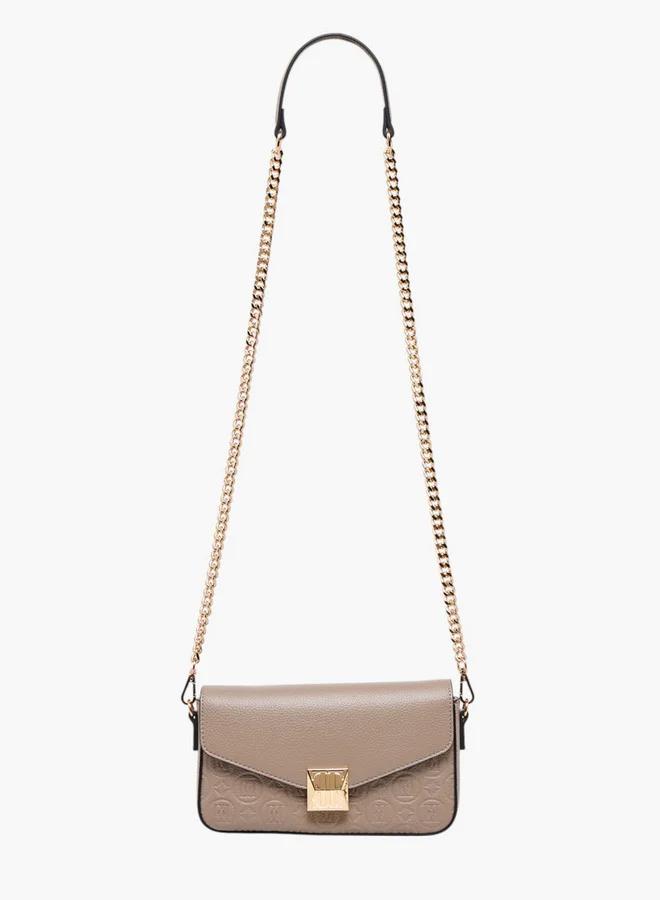 ELLE Monogram Embossed Crossbody Bag with Detachable Chain Strap and Flap Closure