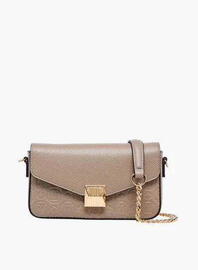 ELLE Monogram Embossed Crossbody Bag with Detachable Chain Strap and Flap Closure