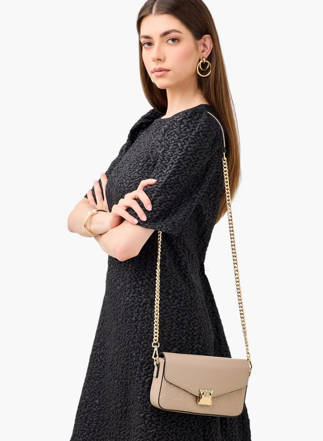 ELLE Monogram Embossed Crossbody Bag with Detachable Chain Strap and Flap Closure