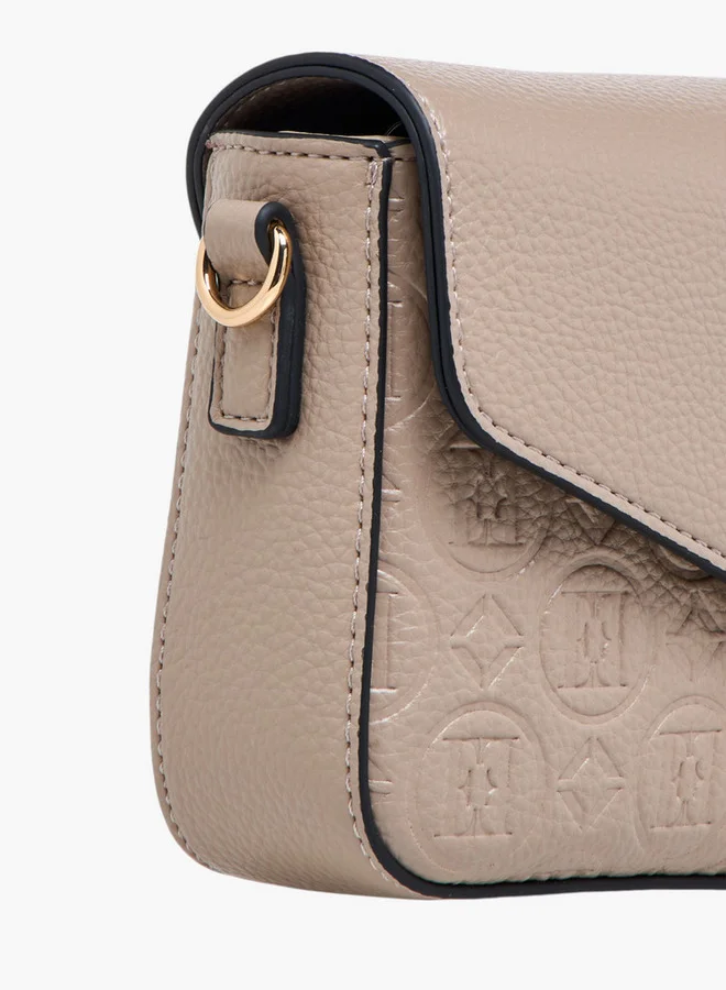 ELLE Monogram Embossed Crossbody Bag with Detachable Chain Strap and Flap Closure