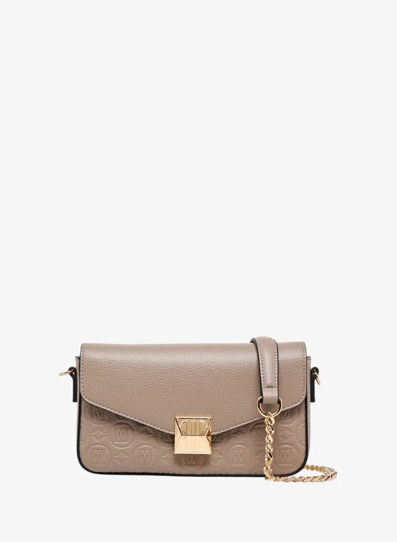 ELLE Monogram Embossed Crossbody Bag with Detachable Chain Strap and Flap Closure