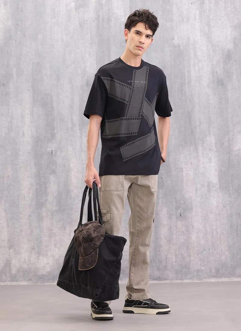 Wrogn Logo Graphic Printed Oversized Fit T-shirt | Black