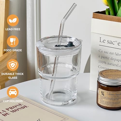 Olvini 13oz Glass Tumbler with Straw and Lid, Reusable Iced Coffee Cup Tumbler, Cute Glass Cups for Water, Matcha, Travel Coffee Mugs (Clear) - Image 3