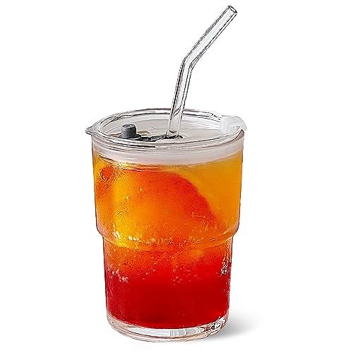 Olvini 13oz Glass Tumbler with Straw and Lid, Reusable Iced Coffee Cup Tumbler, Cute Glass Cups for Water, Matcha, Travel Coffee Mugs (Clear) - Image 1