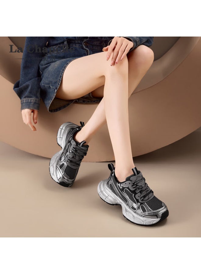 La Chapelle Women's Thick Sole Dad Sneakers Autumn Winter New Trendy Casual Sports Shoes Gun Color Size 39