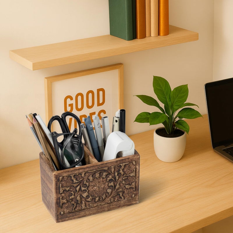 Mie Creations 2 Slot Rustic Pencil Holder Pen Stand for Desk Organizer | Handcarved Wooden Pen Holder for Desktop Table, Wood Office Accessories | Multipurpose School Stationery Craft Supplies 6'' - Image 3