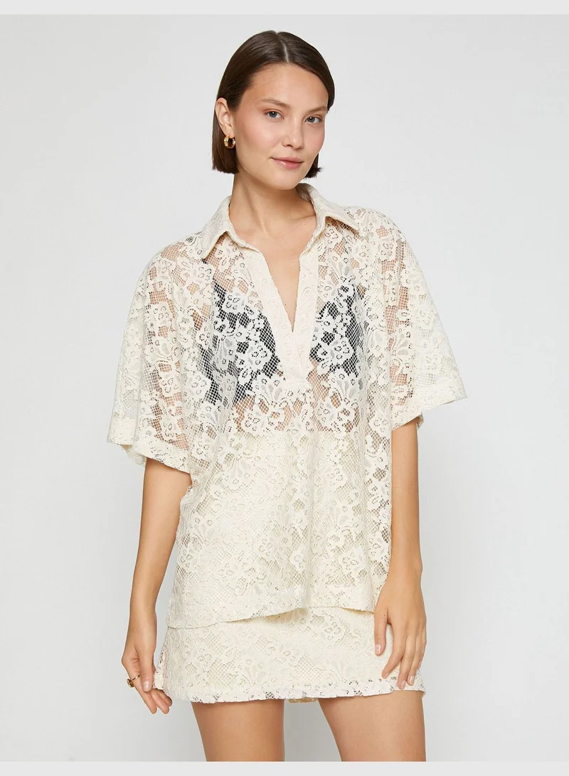 KOTON Lacy Oversized Blouse Polo Neck