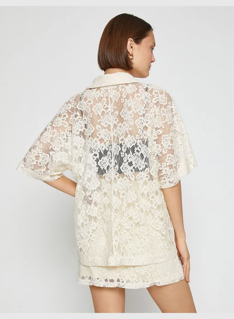 KOTON Lacy Oversized Blouse Polo Neck