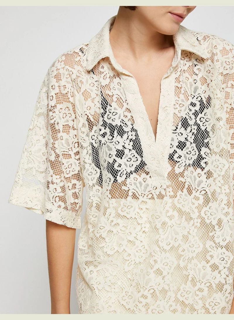 KOTON Lacy Oversized Blouse Polo Neck