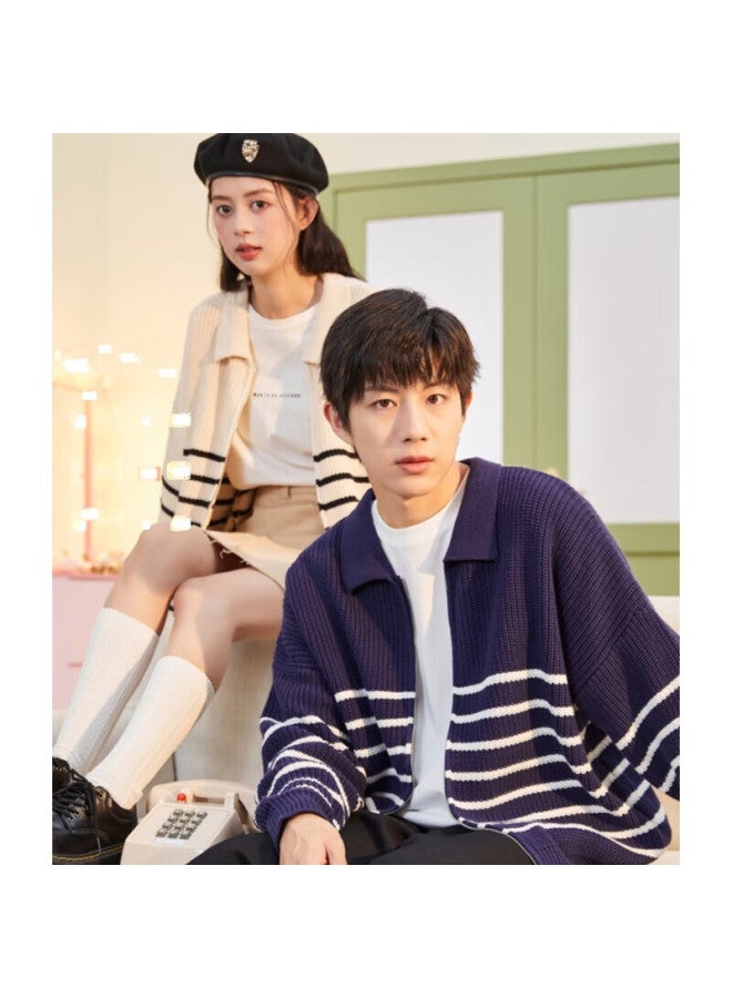 Tonlion Couple's Sweater Cardigan With Zipper And Striped Pattern, Loose Knit Pullover, Men's Style/navy Blue, Size S - Image 2