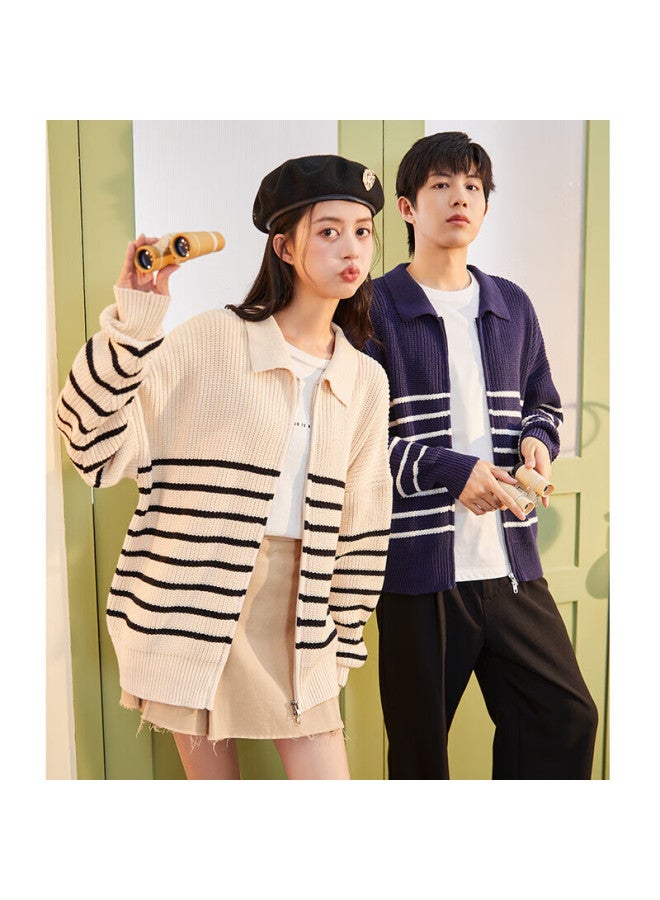 Tonlion Couple's Sweater Cardigan With Zipper And Striped Pattern, Loose Knit Pullover, Men's Style/navy Blue, Size S - Image 1
