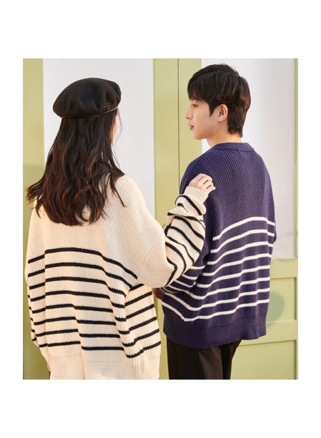 Tonlion Couple's Sweater Cardigan With Zipper And Striped Pattern, Loose Knit Pullover, Men's Style/navy Blue, Size S - Image 3