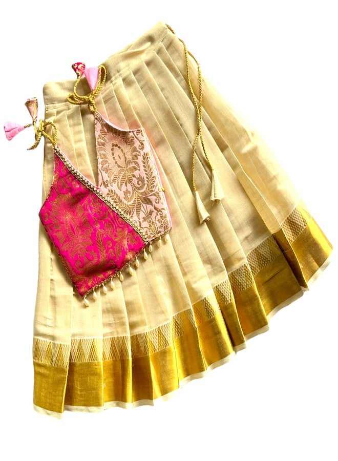 Picksparrow Baby Girl Onam Pattu pavadai/Lehenga Choli (WRAP-Temple Border) (Magenta-Pink, 6-12 Months) - Image 1