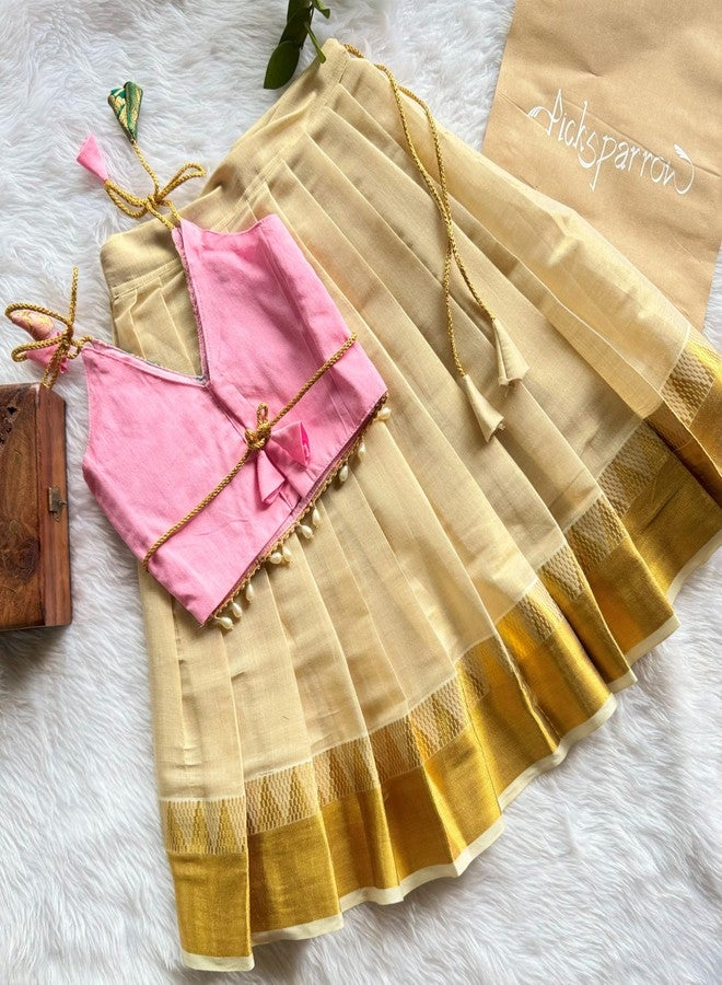 Picksparrow Baby Girl Onam Pattu pavadai/Lehenga Choli (WRAP-Temple Border) (Magenta-Pink, 6-12 Months) - Image 3