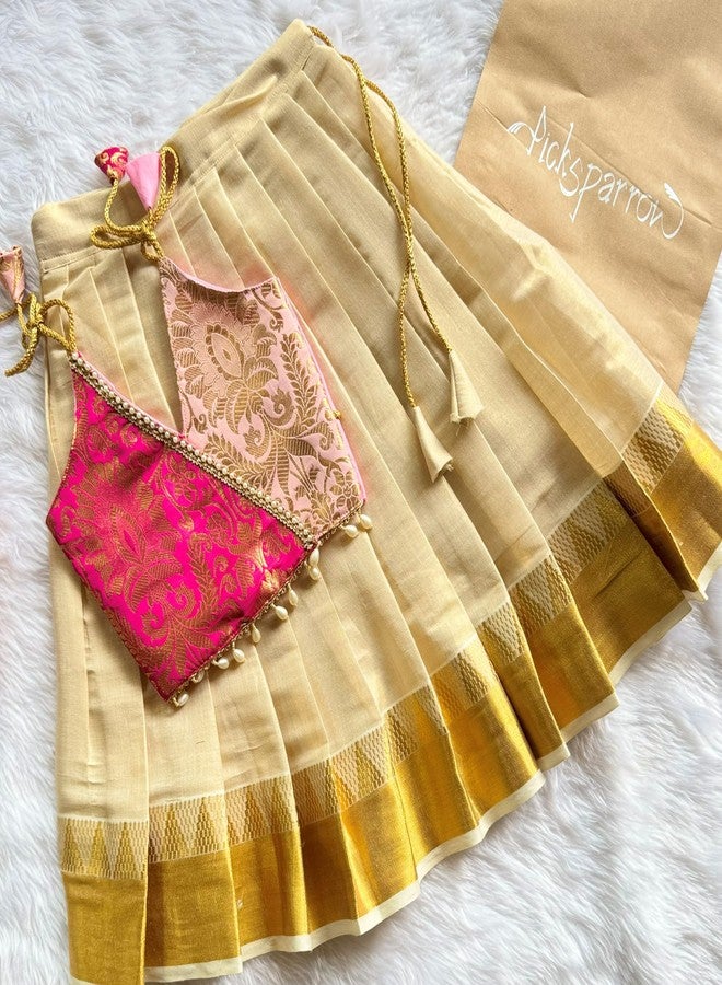 Picksparrow Baby Girl Onam Pattu pavadai/Lehenga Choli (WRAP-Temple Border) (Magenta-Pink, 6-12 Months) - Image 4