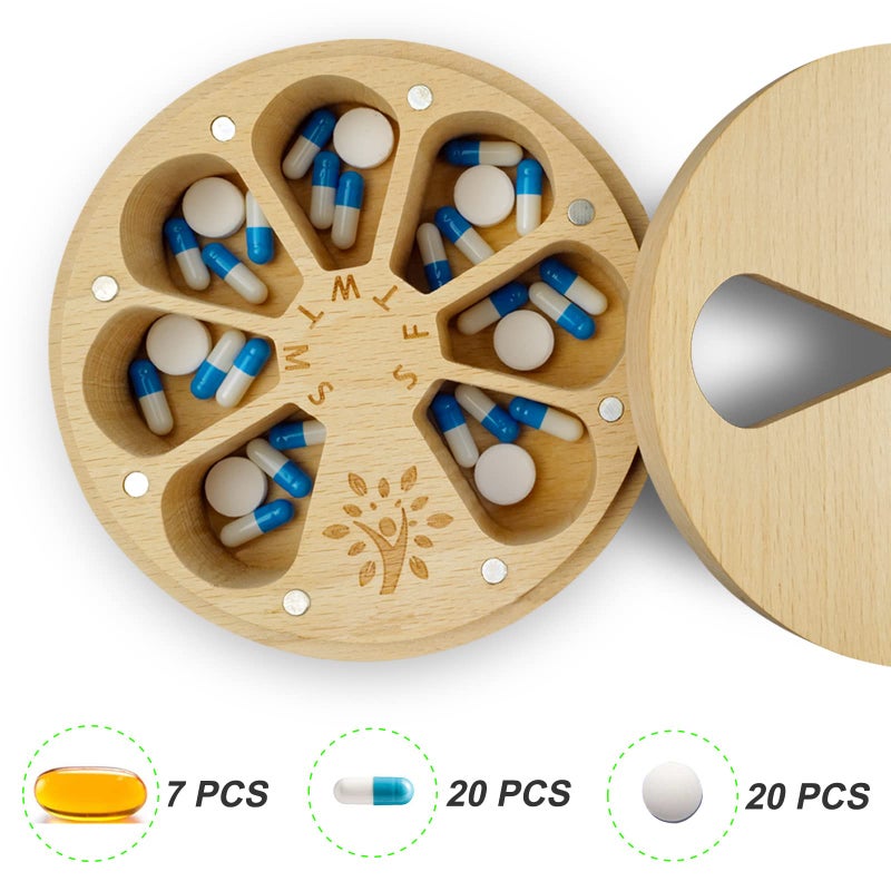 CHIEMOT AM&PM Set of 2 Wood Weekly Pill Organizer for Medicine Vitamin 2 Times a Day,Arthritis Friendly 7-Day Pill Box Medium Compartments Holder,Daily Portable Travel Pill Case with Velvet Bag - Image 2