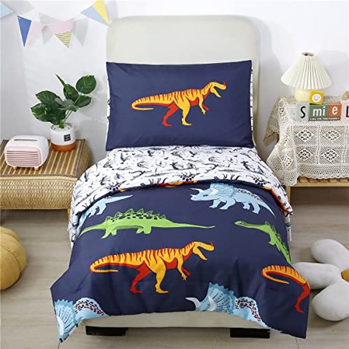 4PIECE TODDLER BEDDING SET ULTRA SOFT CARTOON JURASSIC DINOSAUR PRINT BOYS TODDLER COMFORTER SET INCLUDE COMFORTER FLAT SHEET FITTED SHEET AND REVERSIBLE PILLOWCASE NAVY DINOSAUR