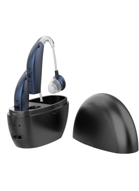 Hearing Aids for Seniors Rechargeable Hearing Aid with Noise Cancelling Hearing Amplifier with Adjustable Volume Control No Squealing One Pair Hearing Assist Device with Charging Box（blue-black）