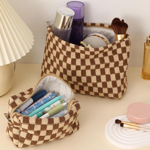 LYDZTION Large Capacity Makeup Bag Set - 3 Pieces Checkered Cosmetic Bag for Women Travel Makeup Bag Organizer Cute Makeup Brushes Storage Bag Travel Toiletry Bag Storage Bag for Women,Brown - Image 5