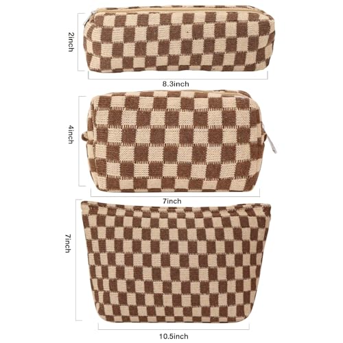 LYDZTION Large Capacity Makeup Bag Set - 3 Pieces Checkered Cosmetic Bag for Women Travel Makeup Bag Organizer Cute Makeup Brushes Storage Bag Travel Toiletry Bag Storage Bag for Women,Brown - Image 2