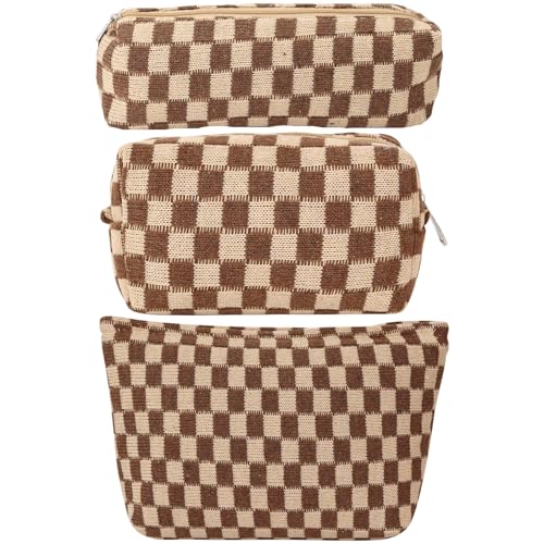 LYDZTION Large Capacity Makeup Bag Set - 3 Pieces Checkered Cosmetic Bag for Women Travel Makeup Bag Organizer Cute Makeup Brushes Storage Bag Travel Toiletry Bag Storage Bag for Women,Brown - Image 1