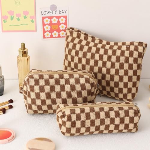 LYDZTION Large Capacity Makeup Bag Set - 3 Pieces Checkered Cosmetic Bag for Women Travel Makeup Bag Organizer Cute Makeup Brushes Storage Bag Travel Toiletry Bag Storage Bag for Women,Brown - Image 3