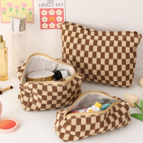 LYDZTION Large Capacity Makeup Bag Set - 3 Pieces Checkered Cosmetic Bag for Women Travel Makeup Bag Organizer Cute Makeup Brushes Storage Bag Travel Toiletry Bag Storage Bag for Women,Brown - Image 4