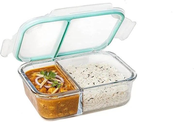 Dhakshy Dhakshy 2Compartment Glass Lunch Box Food Storage Container with Clamp Plastic Lid Water Proof AirtightGlass Storage Bowl for Office School and Travel Transparent 1000ML Pack of 1  - Image 5