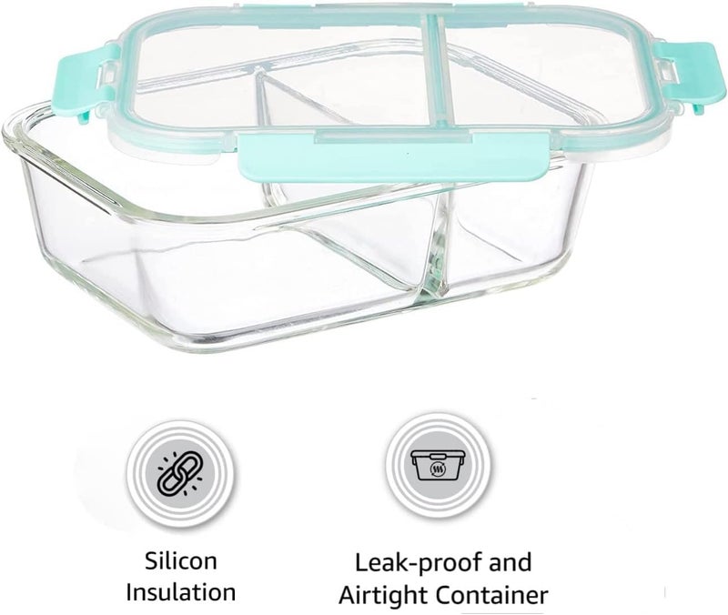 Dhakshy Dhakshy 2Compartment Glass Lunch Box Food Storage Container with Clamp Plastic Lid Water Proof AirtightGlass Storage Bowl for Office School and Travel Transparent 1000ML Pack of 1  - Image 3
